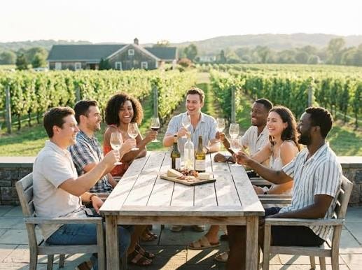 Friends toasting wine at a vineyard birthday celebration