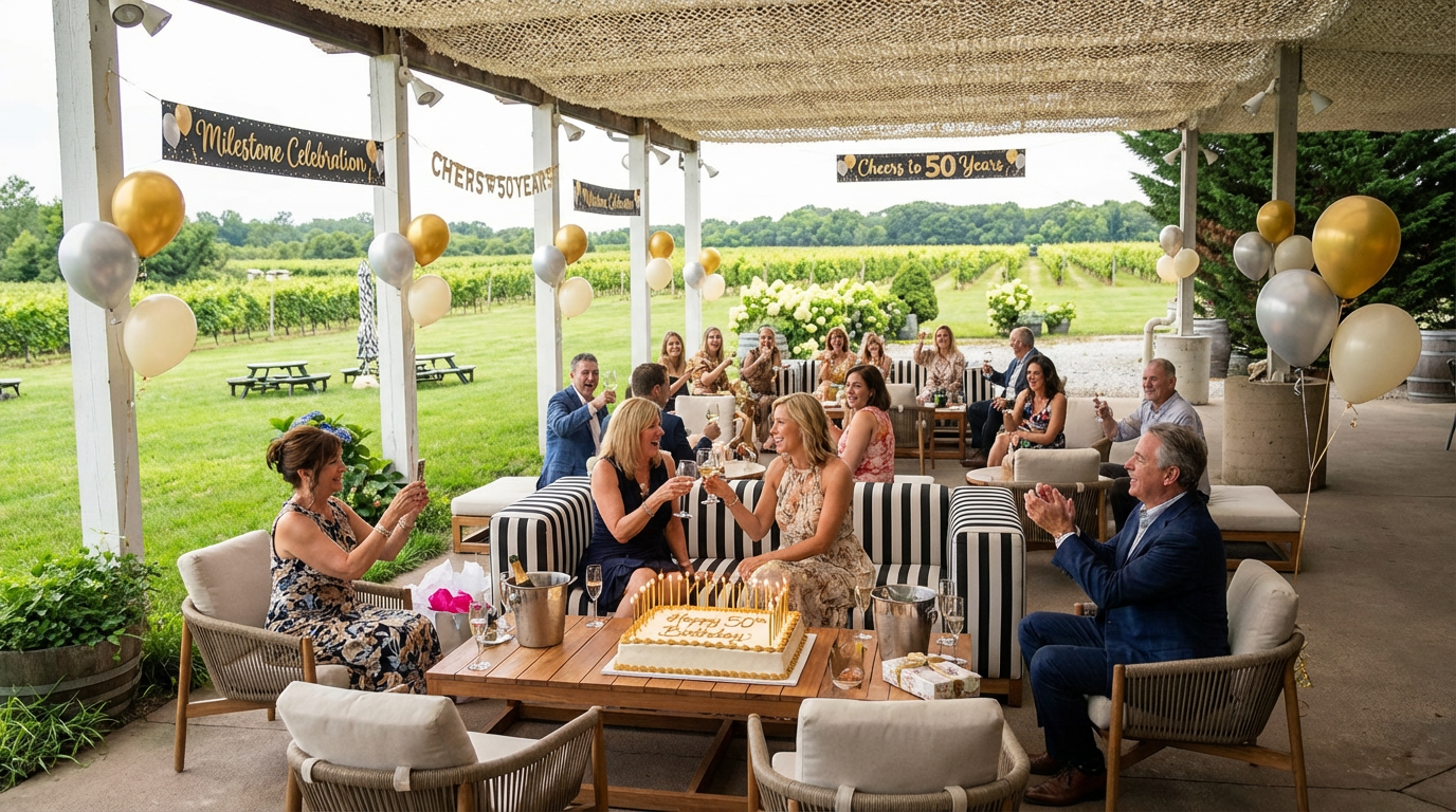 Milestone birthday celebration at a North Fork vineyard with cake and champagne