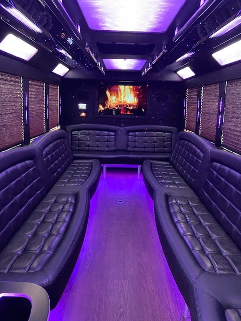 Limo Sprinter interior with blue lighting and bar