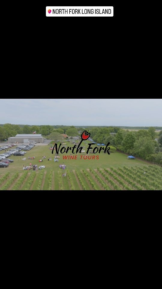 Aerial view of North Fork Long Island vineyard with North Fork Wine Tours logo