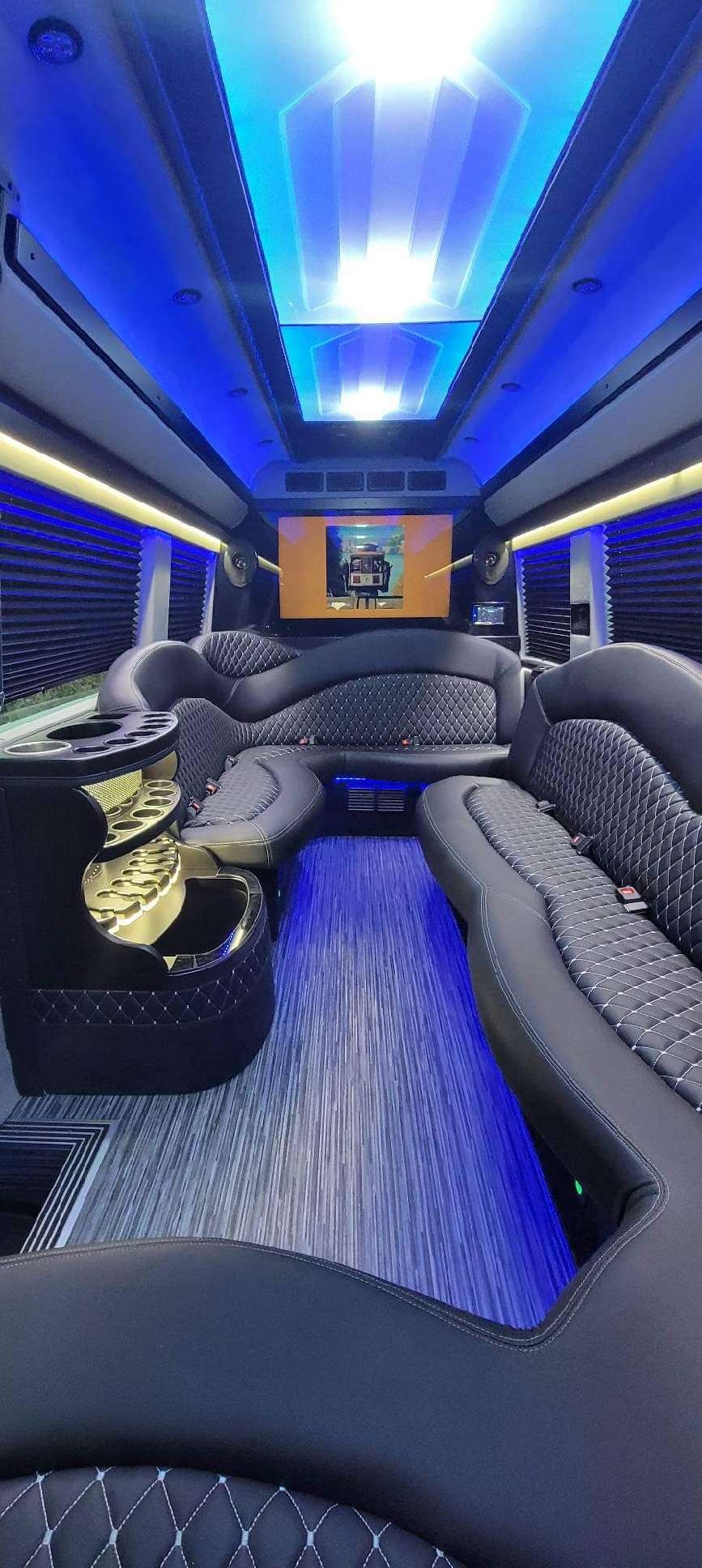 14-passenger Sprinter interior with blue LED lighting and luxury seating