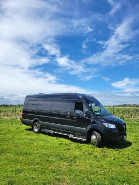 Black Mercedes Sprinter parked in vineyard field under blue sky