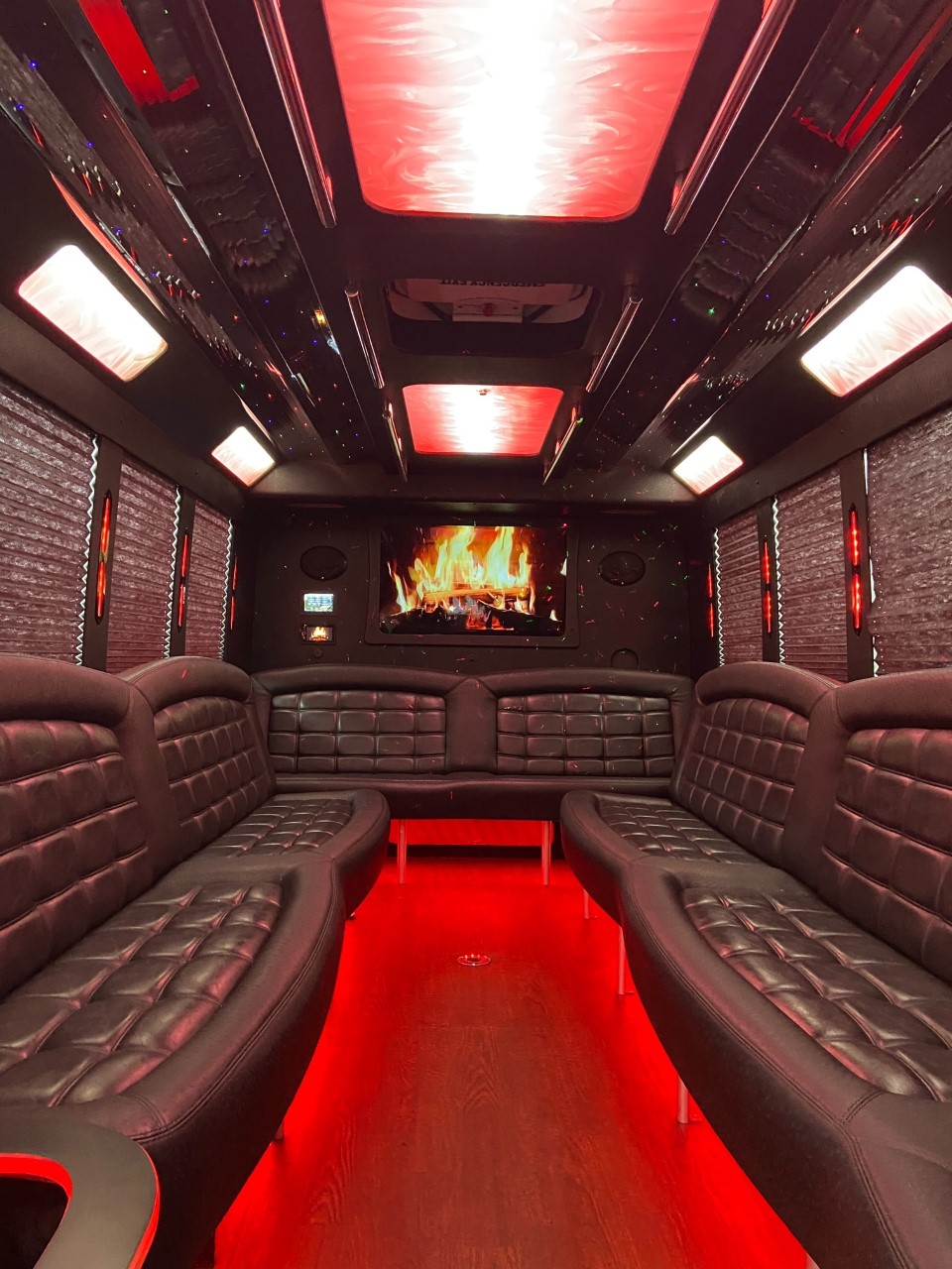 Luxury bus interior with entertainment