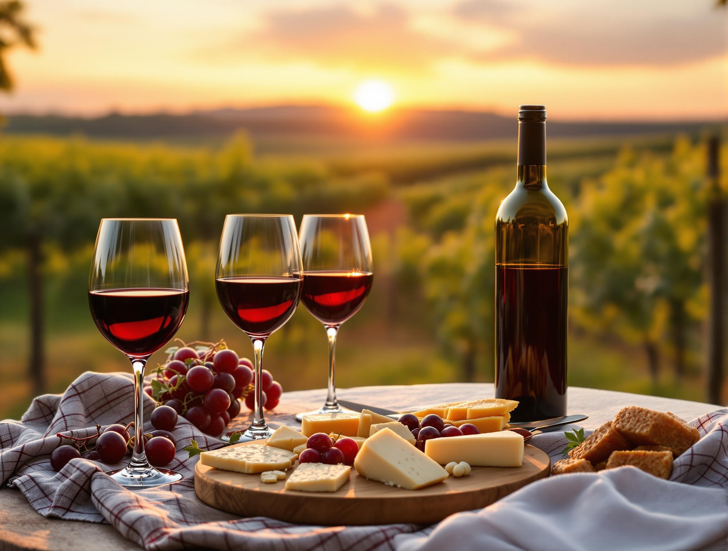 Wine and cheese at vineyard sunset